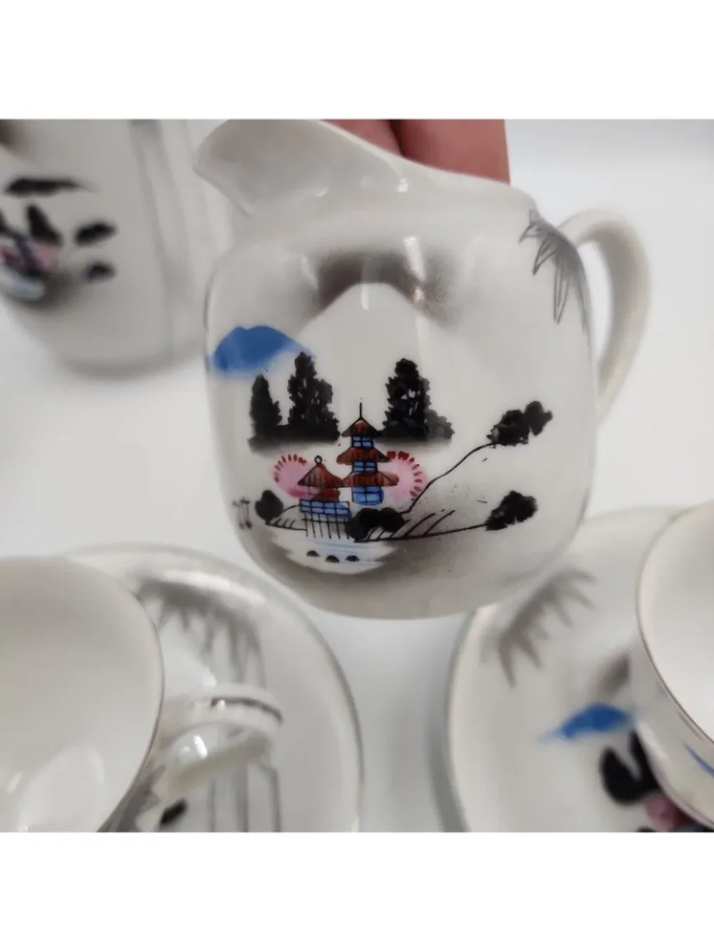 Vintage Japanese Kutani Lithopane Coffee Tea Set Pot Suger Creamer Cups Saucer